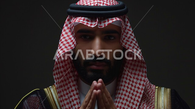  مفهوم الأناقة والرجولة، بورتريه مقرب لرجل عربي خليجي سعوي يرتدي الزي التقليدي والبشت، النظر إلى الكاميرا بايماءات الجدية، العناية والاهتمام  بالمظهر الخارجي، خلفية سوداء