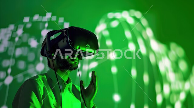 متابعة الأسهم المتداول بها في السعودية من خلال شاشات الكترونية حديثة، رجل اعمال عربي خليجي سعودي يرتدي نظارات الواقع الافتراضي، الإستثمار المالي والإقتصادي في البورصة السعودية، تحليل البيانات والمعلومات الرقمية، خلفية شاشة عرض رقمية للأسواق المالية