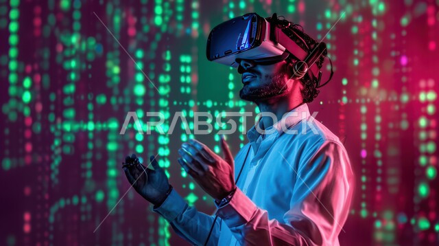 متابعة الأسهم المتداول بها في السعودية من خلال شاشات الكترونية حديثة، رجل اعمال عربي خليجي سعودي يرتدي نظارات الواقع الافتراضي، الإستثمار المالي والإقتصادي في البورصة السعودية، تحليل البيانات والمعلومات الرقمية، خلفية شاشة عرض رقمية للأسواق المالية