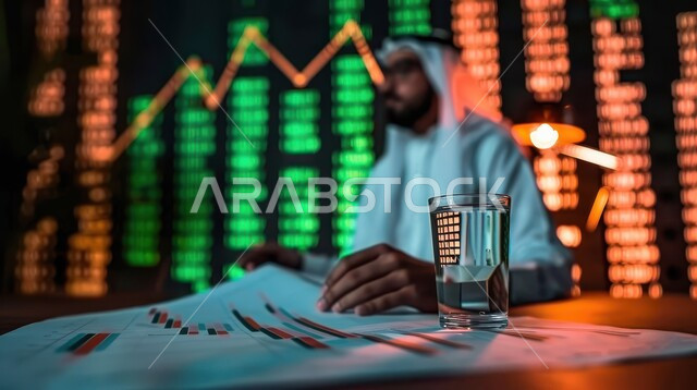 دمج العمل مع التكنولوجيا، مهن ووظائف مكتبية، إدارة شؤون الأعمال وتنظيمها عبر الاجهزة التقنية، رجل اعمال عربي خليجي سعودي يرتدي الثوب التقليدي والغترة مع نظارة الواقع الافتراضي يعمل على الحاسوب المحمول, العمل في المجال الاقتصادي, خلفية المخططات البيانية المالية