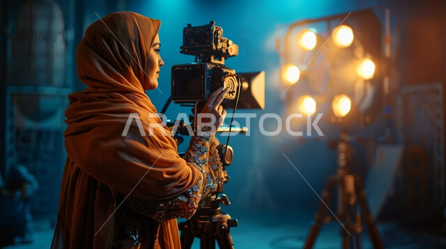 مفهوم إحتراف فن التصوير، صورة مقربة من الجانب لامرأة عربية خليجية سعودية تحمل بيدها كاميرا عالية الدقة في استديو خاص، إلتقاط الصور التذكارية، ممارسة الهوايات المفضلة