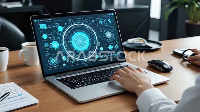 دمج التكنولوجيا بالعمل، واجهة واقع افتراضي ثلاثي الأبعاد، استخدام التقنيات الحديثة، مفهوم التقدم والتطور التكنولوجي، صورة مقربة ليد شخص ما يقوم بلمس رموز هولوجرامية على شاشة الحاسوب المحمول في المكتب