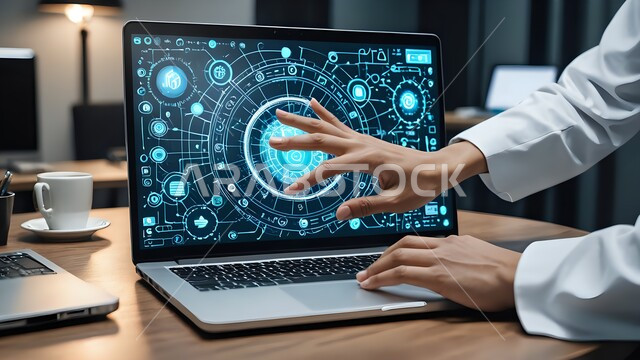 3D virtual reality interface, use of modern technologies, concept of technological progress and development, close-up of someone's hand touching holographic symbols on a laptop screen in the office, integration of technology into work