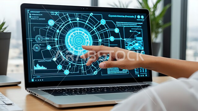 استخدام التقنيات الحديثة، مفهوم التقدم والتطور التكنولوجي، صورة مقربة ليد شخص ما يقوم بلمس رموز هولوجرامية على شاشة الحاسوب المحمول في المكتب، واجهة واقع افتراضي ثلاثي الأبعاد، دمج التكنولوجيا بالعمل