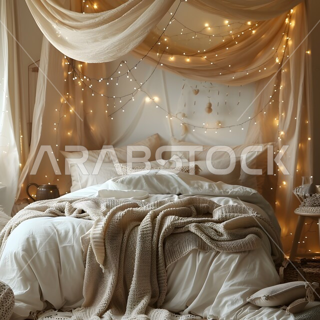 غرفة نوم مزينة بأحبال من الأضواء اللؤلؤية اللامعة، تصاميم عصرية فاخرة وراقية، شقق وفلل سكنية حديثة ومريحة في المملكة العربية السعودية، أثاث منزلي أنيق، ديكورات منزلية داخلية على الطراز المعاصر