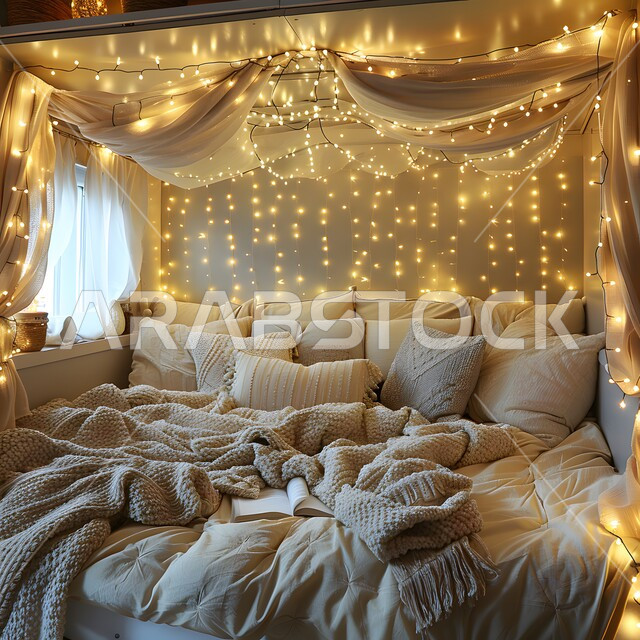 Bedroom decorated with strings of shiny pearl lights, modern luxury and elegant designs, modern and comfortable residential apartments and villas in Saudi Arabia, elegant home furniture, contemporary style interior home decorations