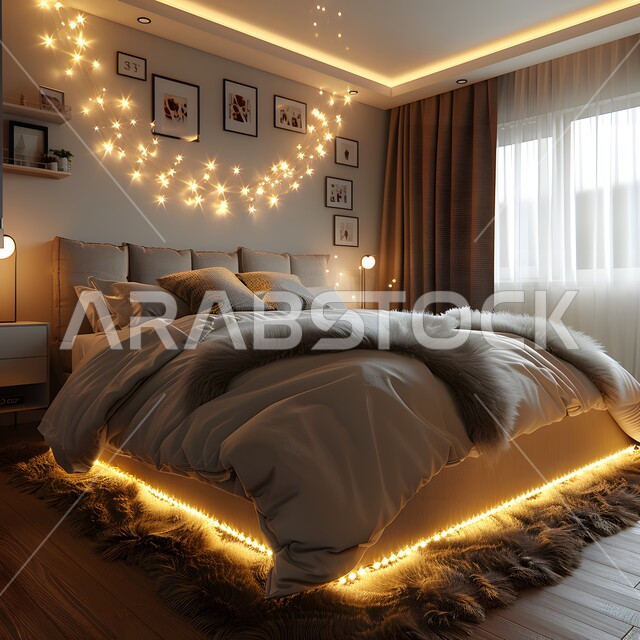 غرفة نوم مزينة بأحبال من الأضواء اللؤلؤية اللامعة، تصاميم عصرية فاخرة وراقية، شقق وفلل سكنية حديثة ومريحة في المملكة العربية السعودية، أثاث منزلي أنيق، ديكورات منزلية داخلية على الطراز المعاصر