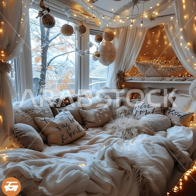 غرفة نوم مزينة بأحبال من الأضواء اللؤلؤية اللامعة، تصاميم عصرية فاخرة وراقية، شقق وفلل سكنية حديثة ومريحة في المملكة العربية السعودية، أثاث منزلي أنيق، ديكورات منزلية داخلية على الطراز المعاصر