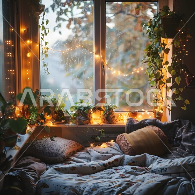 غرفة نوم مزينة بأحبال من الأضواء اللؤلؤية اللامعة، تصاميم عصرية فاخرة وراقية، شقق وفلل سكنية حديثة ومريحة في المملكة العربية السعودية، أثاث منزلي أنيق، ديكورات منزلية داخلية على الطراز المعاصر