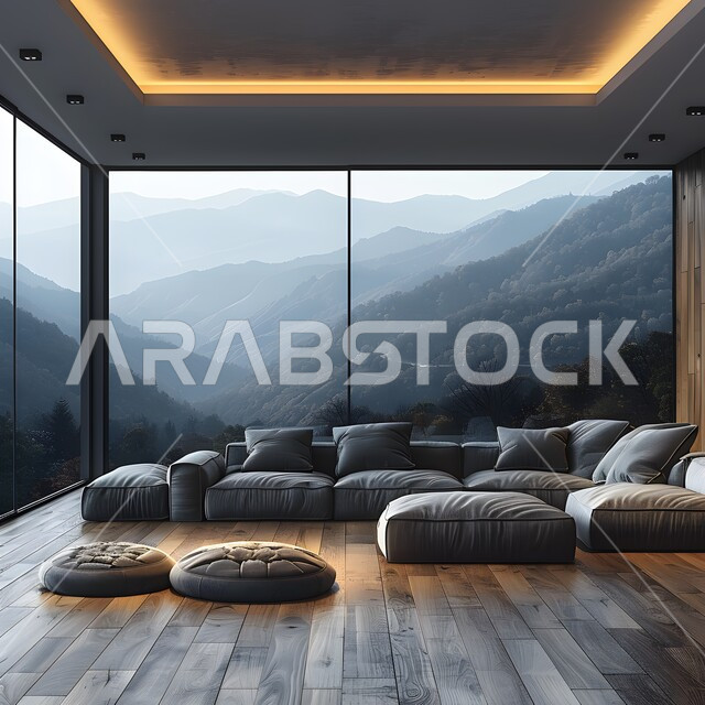 منتزهات ومنتجعات حديثة على الطراز المعاصر، شاليهات وأماكن سياحية ترفيهية خاصة، ديكورات وتصاميم عصرية فاخرة لغرف الجلوس في المملكة العربية السعودية خلفية طبيعية