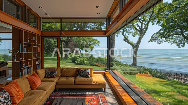 Modern parks and resorts in contemporary style, chalets and private recreational tourist places, luxurious modern decorations and designs for living rooms in the Kingdom of Saudi Arabia, natural background