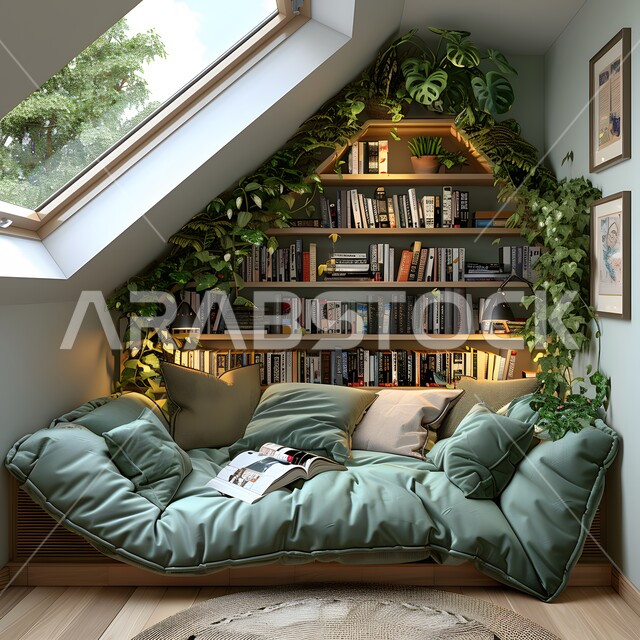 غرفة جلوس بتصاميم عصرية حديثة، النوافذ والواجهات الزجاجية الكبيرة المطلة على الطبيعة،  أرفف الكتب المدمجة مع المقاعد، ديكورات أنيقة ومبتكرة لغرف المعيشة في المملكة العربية السعودية 