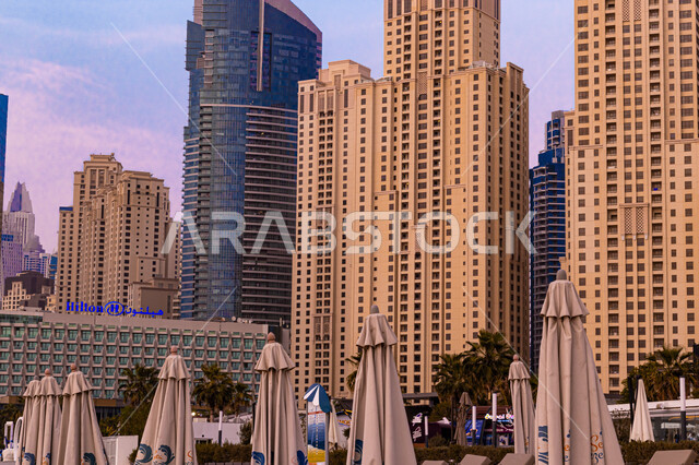 Cities and tourist attractions, tourist attractions, architectural art of towers and skyscrapers in the United Arab Emirates, luxury hotels and resorts overlooking the Arabian Gulf coast, JBR Beach in the Emirate of Dubai