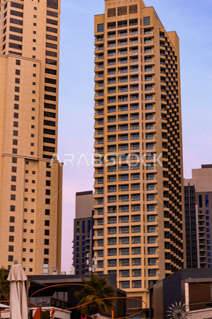 Luxury hotels and resorts overlooking the Arabian Gulf coast, architectural art of towers and skyscrapers in the United Arab Emirates, tourist attractions and attractions, cities and tourist attractions, JBR Beach in the Emirate of Dubai