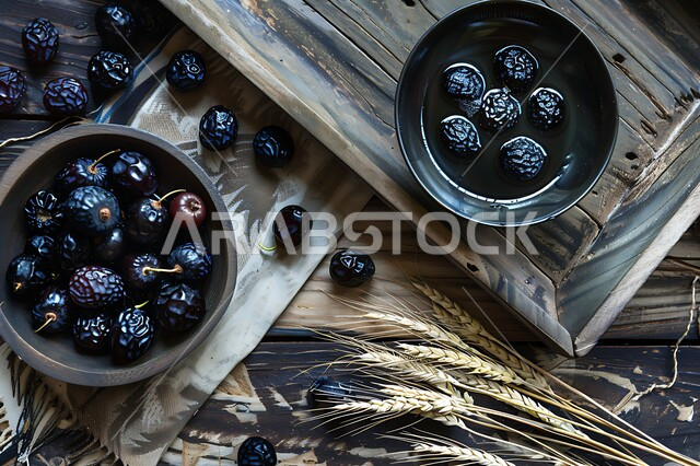 ضيافة رمضانية تقليدية، صورة علوية عامودية لطبق مليء بحبات التمر الصحي، أنواع التمور الفاخرة في المملكة العربية السعودية, ثمار ومحاصيل زراعية محلية وطنية، وجبة ذات قيمة غذائية عالية