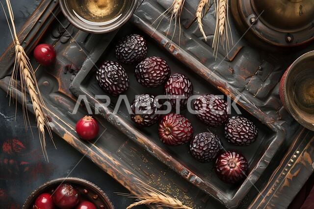 Types of luxury dates in Saudi Arabia, traditional Ramadan hospitality, vertical top view of a plate full of healthy dates, local national fruits and crops, meal with high nutritional value
