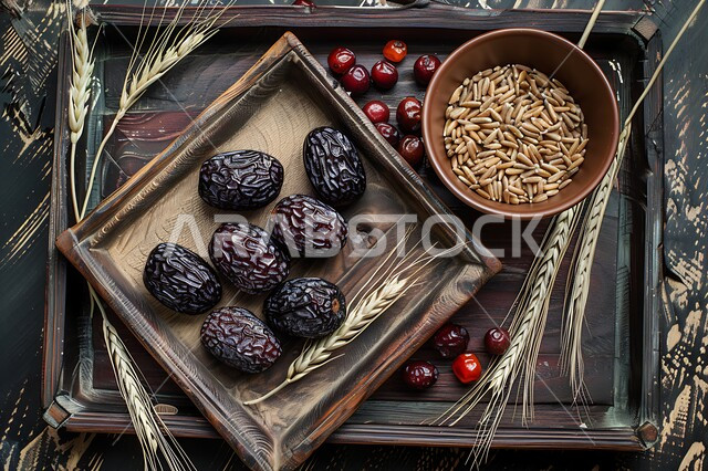 وجبة ذات قيمة غذائية عالية، ثمار ومحاصيل زراعية محلية وطنية، أنواع التمور الفاخرة في المملكة العربية السعودية, ضيافة رمضانية تقليدية، صورة علوية عامودية لطبق مليء بحبات التمر الصحي