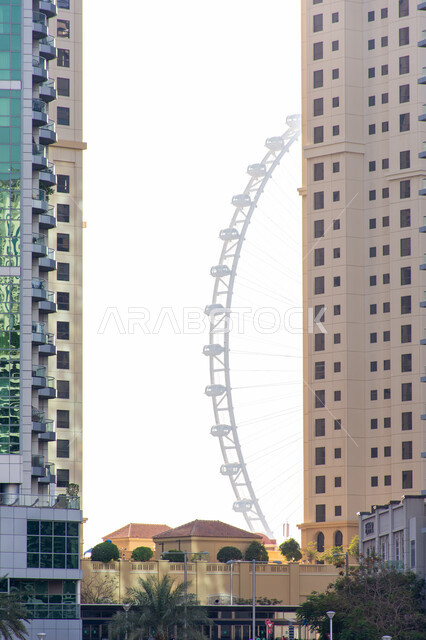 التقدم والنمو والتوسع العمراني، صورة لعجلة عين دبي بين المباني وقت الغروب، الفن الهندسي المعماري للمنشآت ، معالم دبي السياحية، الأبراج وناطحات السحاب في دولة الإمارات العربية المتحدة 