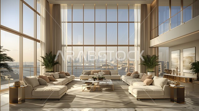 Modern and contemporary style residential apartments, luxurious living room decorations with large glass windows overlooking the huge buildings and skyscrapers, modern and innovative designs for houses and homes in the Kingdom of Saudi Arabia