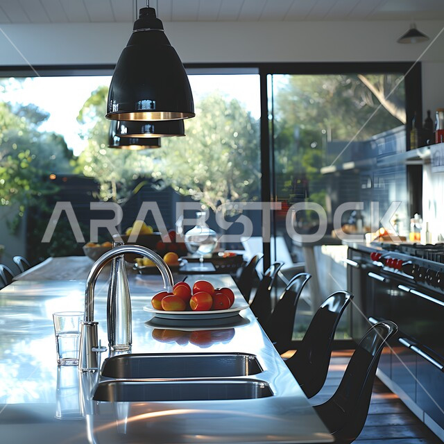 Keeping pace with modern urban and engineering development, different and varied forms of kitchen decorations in the homes and houses of the Kingdom of Saudi Arabia, luxurious and varied modern designs, rectangular kitchen table