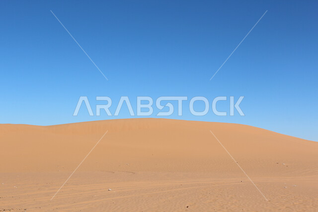 الرمال الذهبية اللامعة في النهار, امتداد الصحراء العربية لمساحات واسعة, تشكل التلال والكثبان الرملية, البيئة والتضاريس الجافة للصحاري الخليجية, الطبيعة الصحراوية في المملكة العربية السعودية, خلفية السماء الزرقاء الصافية