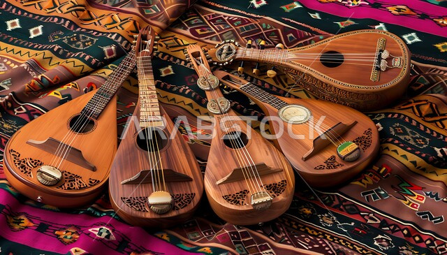 جلسة وناسة وطرب، مواهب فنية طربية،  صورة لمجموعة من الآلات الموسيقية السعودية التقليدية المشهورة على بساط شعبي، الاستمتاع بالعزف على الاّلات الوترية الكلاسيكة، مفهوم احياء التراث الموسيقي والثقافي