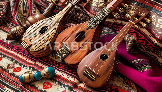 جلسة وناسة وطرب، مواهب فنية طربية،  صورة لمجموعة من الآلات الموسيقية السعودية التقليدية المشهورة على بساط شعبي، الاستمتاع بالعزف على الاّلات الوترية الكلاسيكة، مفهوم احياء التراث الموسيقي والثقافي