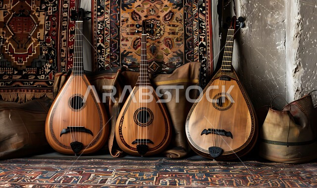 جلسة وناسة وطرب، مواهب فنية طربية،  صورة لمجموعة من الآلات الموسيقية السعودية التقليدية المشهورة على بساط شعبي، الاستمتاع بالعزف على الاّلات الوترية الكلاسيكة، مفهوم احياء التراث الموسيقي والثقافي