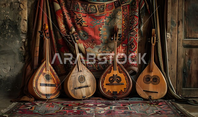 A fun and musical session, musical artistic talents, a picture of a group of famous traditional Saudi musical instruments on a folk rug, enjoying playing classical stringed instruments, the concept of reviving musical and cultural heritage