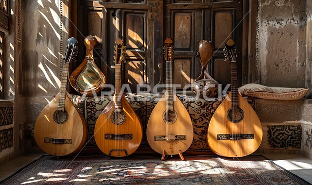 جلسة وناسة وطرب، مواهب فنية طربية،  صورة لمجموعة من الآلات الموسيقية السعودية التقليدية المشهورة على بساط شعبي، الاستمتاع بالعزف على الاّلات الوترية الكلاسيكة، مفهوم احياء التراث الموسيقي والثقافي