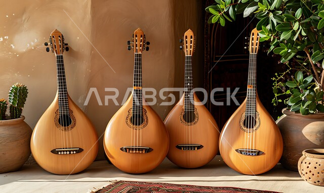 جلسة وناسة وطرب، مواهب فنية طربية،  صورة لمجموعة من الآلات الموسيقية السعودية التقليدية المشهورة على بساط شعبي، الاستمتاع بالعزف على الاّلات الوترية الكلاسيكة، مفهوم احياء التراث الموسيقي والثقافي