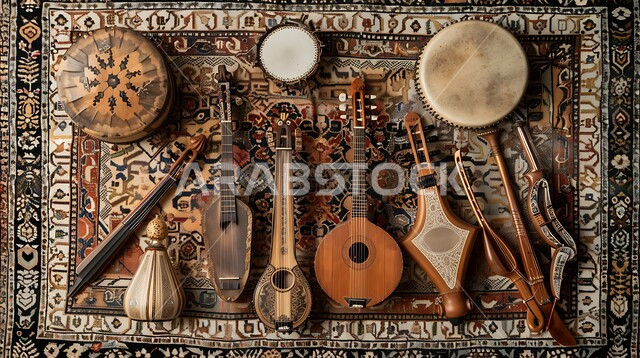 Decorated pottery, a fun and musical session, musical artistic talents, a picture of a group of famous traditional Saudi musical instruments on a folk rug, enjoying playing classical stringed instruments, the concept of reviving musical and cultural heritage
