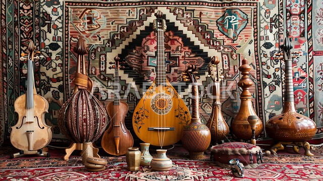 الأواني الفخارية المزخرفة، جلسة وناسة وطرب، مواهب فنية طربية،  صورة لمجموعة من الآلات الموسيقية السعودية التقليدية المشهورة على بساط شعبي، الاستمتاع بالعزف على الاّلات الوترية الكلاسيكة، مفهوم احياء التراث الموسيقي والثقافي