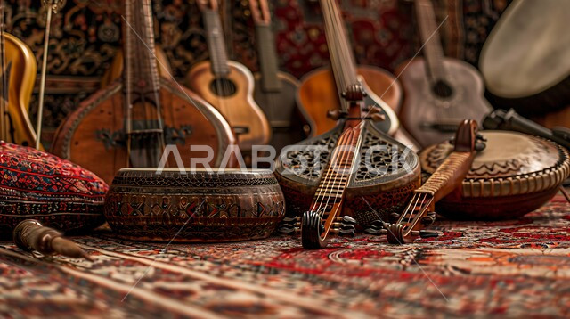 Decorated pottery, a fun and musical session, musical artistic talents, a picture of a group of famous traditional Saudi musical instruments on a folk rug, enjoying playing classical stringed instruments, the concept of reviving musical and cultural heritage
