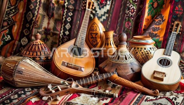 الأواني الفخارية المزخرفة، جلسة وناسة وطرب، مواهب فنية طربية،  صورة لمجموعة من الآلات الموسيقية السعودية التقليدية المشهورة على بساط شعبي، الاستمتاع بالعزف على الاّلات الوترية الكلاسيكة، مفهوم احياء التراث الموسيقي والثقافي