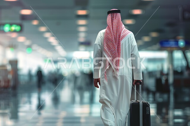 صالة الانتظار في المطارات السعودية، الاستعداد للذهاب في رحلة ممتعة، صورة من الخلف لرجل عربي خليجي سعودي يرتدي الزي التقليدي والشماغ في المطار، جر حقيبة الأمتعة، رحلات السفر الجويه