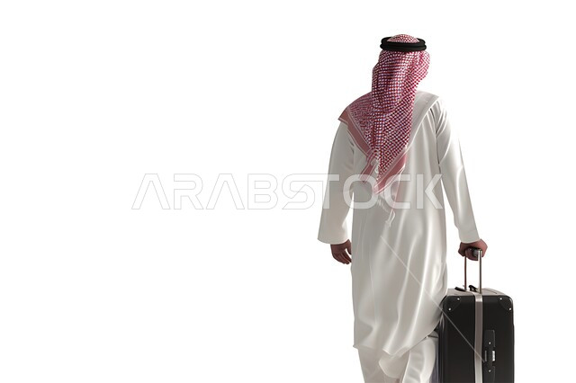 الاستعداد للذهاب في رحلة ممتعة، بورتريه من الخلف لرجل عربي خليجي سعودي يرتدي الزي التقليدي والشماغ في المطار، جر حقيبة الأمتعة، رحلات السفر الجويه، خلفية بيضاء