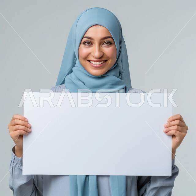 لوحة بيضاء فارغة، العروض والإعلانات التسويقية, بورتريه مقرب لإمرأة عربية خليجية سعودية مبتسمة ترتدي الحجاب تمسك بيديها موك اب مستطيل أبيض, لوحات توضيحية ووسائل تعليمية, النظر إلى الكاميرا بتعابير وايماءات الفرح والسرور، خلفية رمادية