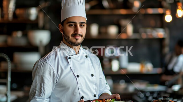 اعداد وتحضير الطعام في مطابخ و مطاعم المملكة العربية السعودية، وجبة ذات قيمة غذائية عالية، فنون ومهارات الإبتكار، صورة مقربة لطباخ عربي خليجي سعودي يرتدي الزي الرسمي الخاص بمزاولة المهنة يقوم بعمله في مطبح المطعم