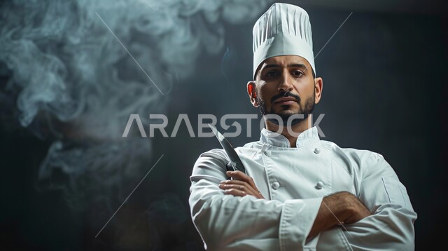 وجبة ذات قيمة غذائية عالية، فنون ومهارات الإبتكار، بورتريه مقرب لطباخ عربي خليجي سعودي يرتدي الزي الرسمي الخاص بمزاولة المهنة يقوم بعمله في مطبح المطعم، اعداد وتحضير الطعام في مطابخ و مطاعم المملكة العربية السعودية، خلفية سوداء