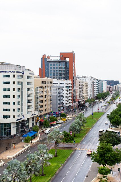 الاهتمام بزراعة الأشجار والنباتات الطبيعية الخضراء في الشوارع، الفن الهندسي المعماري للمباني والمنشآت السكنية والتجارية، شارع الرقة في مدينة دبي في الإمارات العربية المتحدة، حركة مرور السيارات في الطرقات الاسفلتية