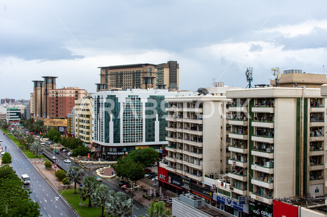 شارع الرقة في مدينة دبي في الإمارات العربية المتحدة، الفن الهندسي المعماري للمباني والمنشآت السكنية والتجارية، الاهتمام بزراعة الأشجار والنباتات الطبيعية الخضراء في الشوارع، حركة مرور السيارات في الطرقات الاسفلتية