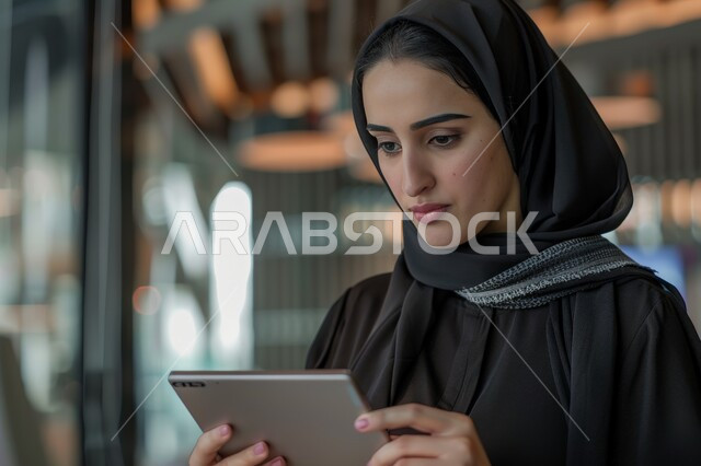 مفهوم إنجاز المهام عن بعد, استخدام الأجهزة والتقنيات الحديثة المتطورة, صورة مقربة لشابة عربية خليجية سعودية محجبة تمسك بيدها جهاز التابليت, التسوق الالكتروني عبر الأونلاين, متابعة وإدارة الأعمال الادارية, تصفح المواقع الالكترونية,  تعابير الاندماج والتركيز