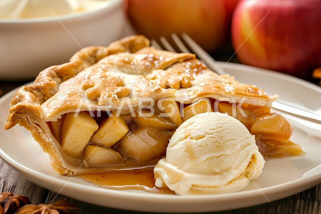 A piece of apple pie on a white plate with a scoop of refreshing vanilla ice cream and caramelized apples, Delicious and quick dessert recipes, Food presentation arts and oriental Arabic dishes, Delicious baked goods and pies, Cooking and baking art