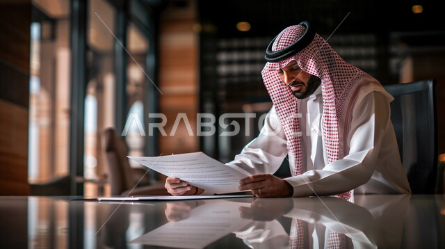 اعداد تقارير ومهام العمل، دراسة جدوى الاعمال، صورة مقربة لرجل عربي خليجي سعودي يرتدي الزي التقليدي يحمل بيده مجموعة من الاوراق، تدوين الملاحظات على الورق، توقيع عقد عمل
