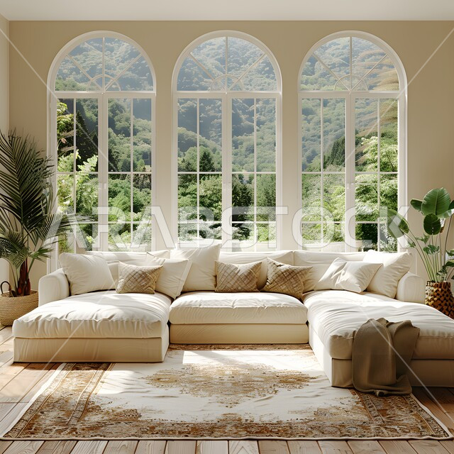 Modern living room with panoramic view, large glass windows overlooking nature, comfortable and elegant home furniture, luxury modern home apartments and villas in Saudi Arabia, advanced architectural and architectural art