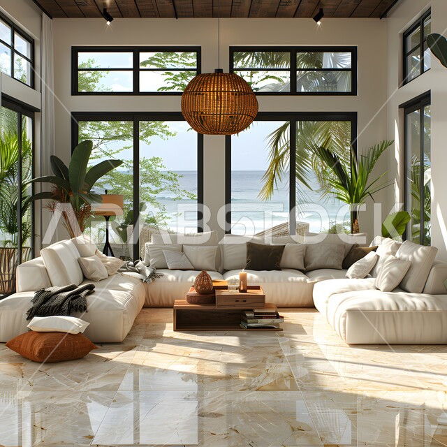 غرفة معيشة حديثة مع إطلالة بانورامية، نوافذ زجاجية كبيرة مطلعة على الطبيعة، أثاث منزلي مريح وراقي، شقق وفلل منزلية عصرية فاخرة في المملكة العربية السعودية، فن هندسي وعمراني متطور 