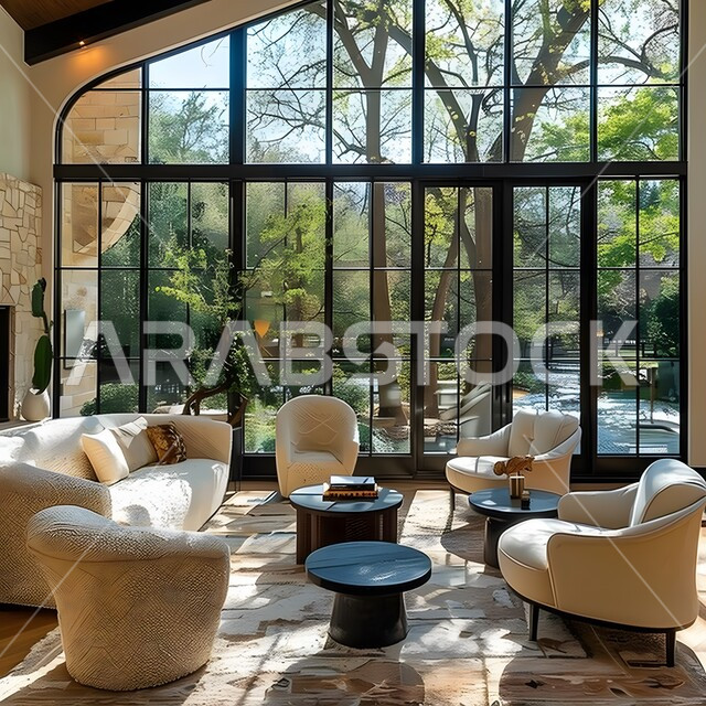 غرفة معيشة حديثة مع إطلالة بانورامية، نوافذ زجاجية كبيرة مطلعة على الطبيعة، أثاث منزلي مريح وراقي، شقق وفلل منزلية عصرية فاخرة في المملكة العربية السعودية، فن هندسي وعمراني متطور 