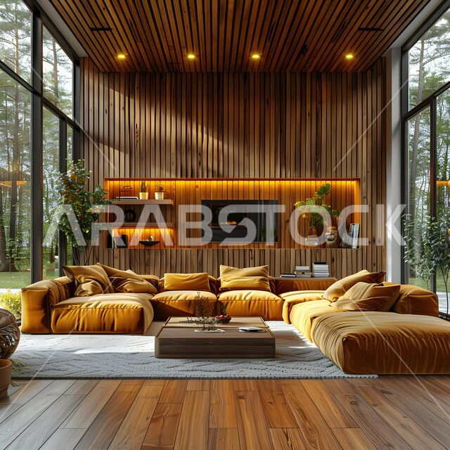 Modern living room with panoramic view, large glass windows overlooking nature, comfortable and elegant home furniture, luxury modern home apartments and villas in Saudi Arabia, advanced architectural and architectural art