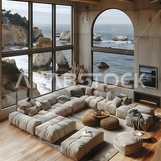 غرفة جلوس ساحلية بإطلالة بانورامية على المحيط، تصاميم عصرية فاخرة لغرف المعيشة في البيوت والمنازل العربية السعودية، ديكورات متطورة وأثاث منزلي مريح وفاخر، مفهوم الأناقة والرتابة والفن الهندسي والعمراني الجديد